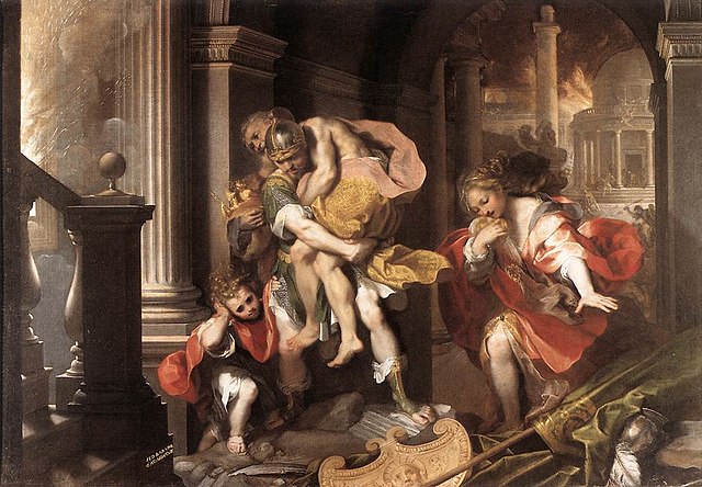 Aeneas die Anchises draagt en zijn familie wegleidt uit het brandende Troje