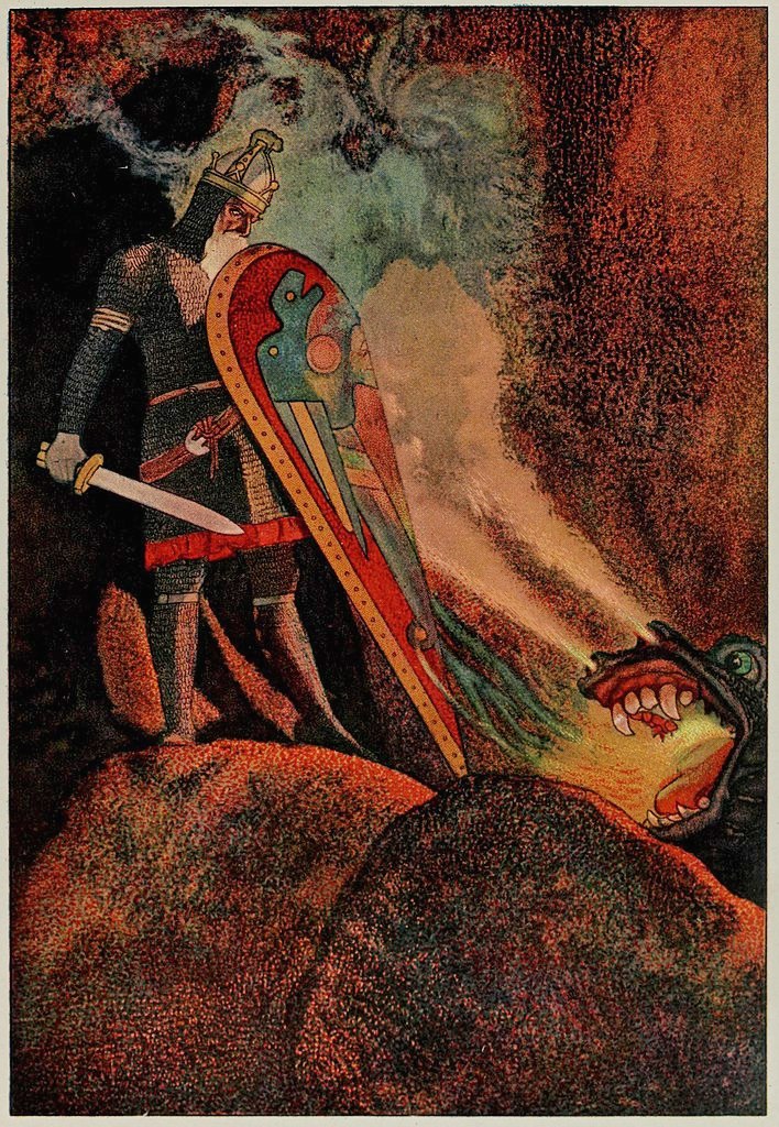 Beowulf oog in oog met de vuurspeuwende draak