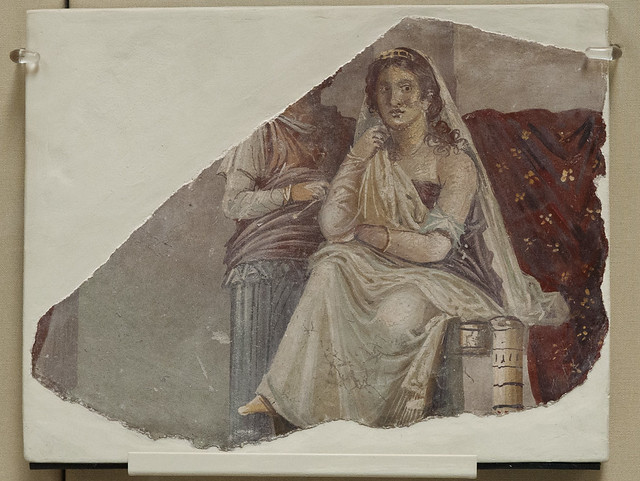 Romeins wandschilderingfragment van zittende Phaedra